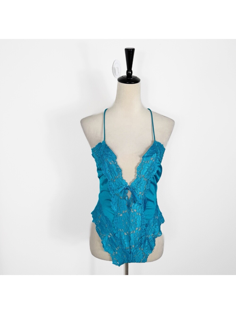 Vintage 1980s Alana Gale Aqua Blue Teddy Lingerie Bodysuit Lace Dainty Small